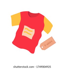 Rotes und gelbes T-Shirt mit Design. Vektorgrafik-Flachgrafik einzeln auf weißem Hintergrund.