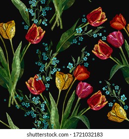 Red and yellow tulips and meadow herbs and flowers. Summer seamless pattern. Embroidery art. Fashionable template for design of clothes, t-shirt design, tapestry. Botanical illustration 