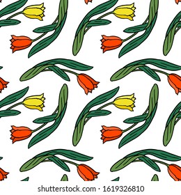 Red and yellow tulips on white backdrop. Petal flower seamless pattern for wrap paper, wallpaper, bath tile or bed linen. Phone case or cloth print art. Hand drawn style stock vector illustration