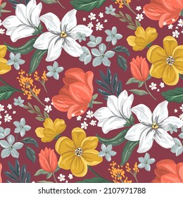 Red, yellow Tulips, white Lilies flowers. Seamless pattern with vector Hand drawn digital illustrations with floral theme