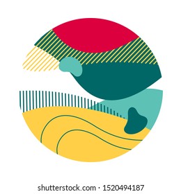 Red, yellow, turquoise abstract circle. Circular form with hatching, regular round shape, flowing liquid. Vector illustration for print, flyer, logo design