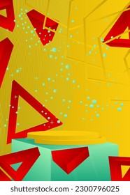 Red, yellow and turquoise cylinder pedestal podium. Abstract stage showcase for presentation. Minimal mockup product display.