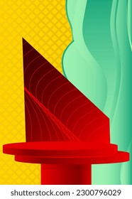 Red, yellow and turquoise cylinder pedestal podium. Abstract stage showcase for presentation. Minimal mockup product display.