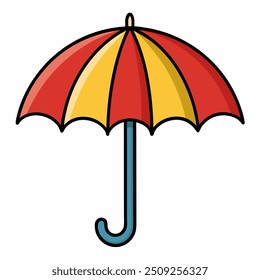 A red and yellow umbrella with a blue handle on white