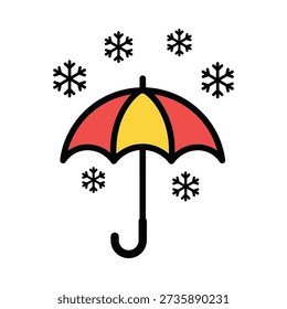 A red and yellow umbrella with snowflakes falling around it