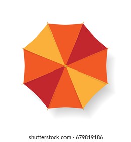 Red and yellow umbrella from the top isolated on white. Vector illustration.