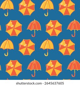 Red and yellow umbrellas on a blue background, seamless pattern. Hand-drawn in a playful naive style. For children’s and seasonal projects, wallpapers, backgrounds, packaging, rainy weather concepts