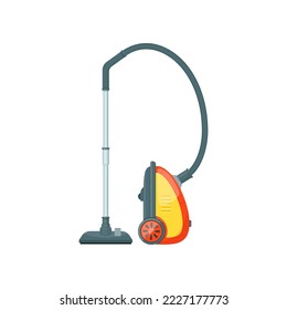 Red and yellow vacuum cleaner cartoon illustration. Floor cleaning machine, home cleaning tool. Maintenance, household, housekeeping concept