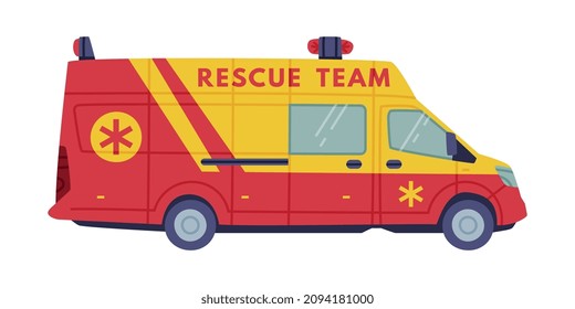 Red and Yellow Van or Truck with Siren as Rescue Equipment and Emergency Vehicle for Urgent Saving of Life Vector Illustration