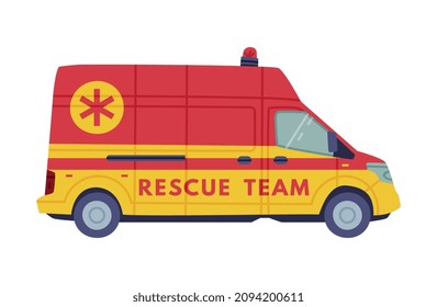 Red and Yellow Van or Truck with Siren as Rescue Equipment and Emergency Vehicle for Urgent Saving of Life Vector Illustration