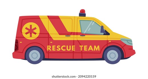 Red and Yellow Van or Truck with Siren as Rescue Equipment and Emergency Vehicle for Urgent Saving of Life Vector Illustration