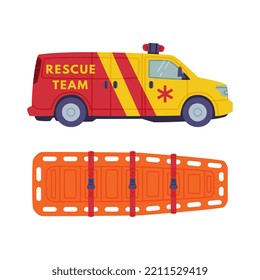 Red And Yellow Van Or Truck With Siren And Stretcher As Rescue Equipment And Emergency Vehicle For Urgent Saving Of Life Vector Set