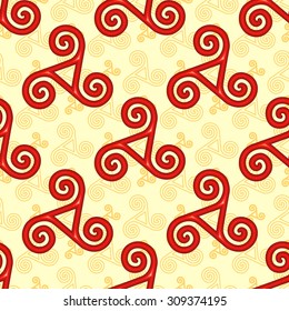 Red and yellow vector celtic triskels seamless pattern