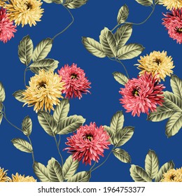 red and yellow vector flowers with leaf pattern on blue background