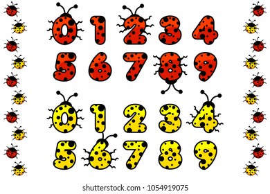 red and yellow vector ladybug numeral. Figure number, education cards kids