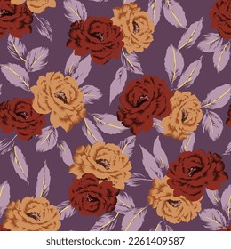 red and yellow vector stock flowers with leaf pattern on violet background