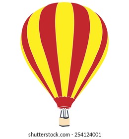 Red and yellow  vintage  hot air balloon with basket vector icon isolated, summer sport