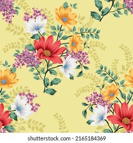 red yellow violet and grey vector stock flowers with green leaves bunches pattern on yellow background