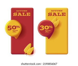 Red and yellow volume sale labels with autumn leaves and price bubble . Vector illustration