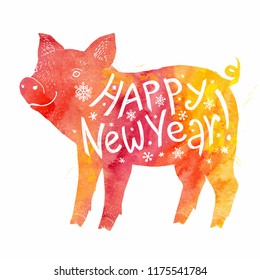 Red and yellow watercolor pig silhouette with white watercolor lettering inside. Happy New Year hand drawn sign on cartoon style piglet