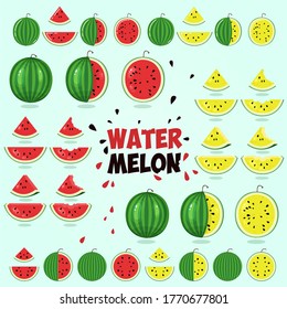 Red and yellow watermelon icons set. Slices of watermelon and whole watermelons in a flat style. Vivid images of watermelons for various applications.