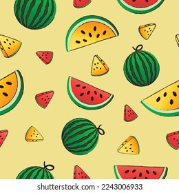 Red and yellow watermelon pattern seamless vector on yellow pastel color background , fruit pattern seamless wallpaper