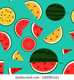 rote gelbe Wassermelone, nahtlose Muster, Fruchtprint, blauer Hintergrund