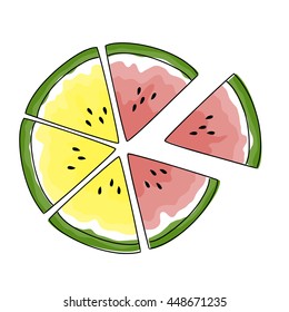 red and yellow watermelon slices round vector sketch
