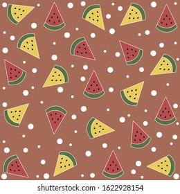 Red and yellow watermelon slices with white dots on brown background.