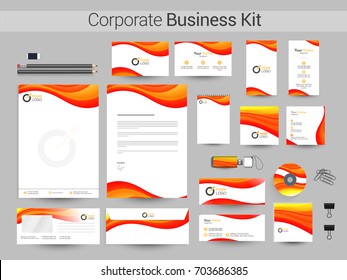 Red and yellow waves decorated Corporate Business Kit including Letter Head, Business Card, Web Banner or Header, Notepad, CD, USB Flash Drive and Envelope design.