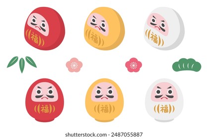 Conjunto de ilustración Daruma rojo amarillo blanco