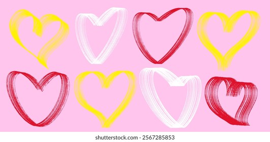 Red, yellow, white hearts romantic abstract dry brush on canvas background, drawn bold colored hearts. Vector retro for Valentine's day. Love motif. Set hearts romantic abstract dry brush on canvas.