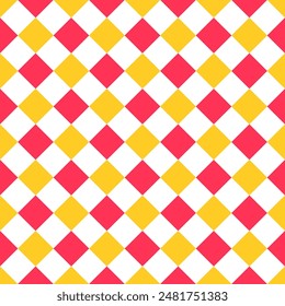 Red, yellow, white rhombus print. Argyle diamond backgrounds. Checkered lozenge seamless pattern. Vector illustration. Diagonal plaid texture. Modern geometric backdrop.