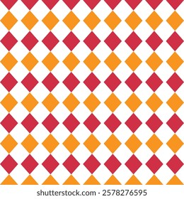 Red, yellow, white rhombus print. Argyle diamond backgrounds. Checkered lozenge seamless pattern. Vector illustration. Diagonal plaid texture. Modern geometric backdrop.