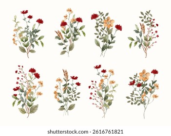 red yellow wildflower bouquet watercolor collection