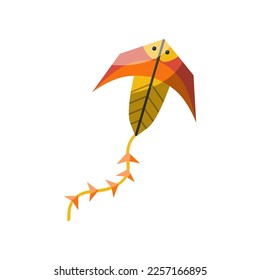 Red and yellow wind kite with long tail vector illustration. Cartoon kite festival toy of fish shape isolated on white background. Kids toys concept