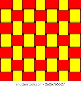 Red and yellow woven pattern background. Interlocking rectangular pieces create a textured basket weave effect. A design suitable for backgrounds, textiles and decorative purposes.