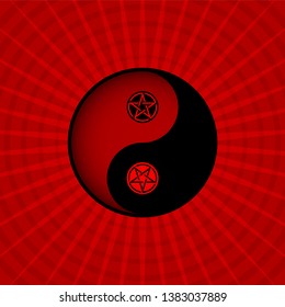 Red Yin Yang oriental sacral symbol with pentagram inside