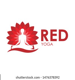red yoga logo design template with woman silhouette and lotus 