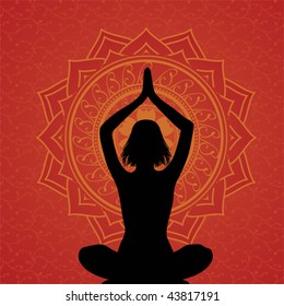 Red yoga and meditation background with floral elements