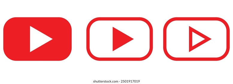 Red YouTube play button, YouTube video and music icon. A triangle within a circle is a media player symbol. Video and audio multimedia reproduction. Isolated vector illustration on white background.