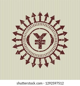 Red yuan icon inside distressed grunge style stamp
