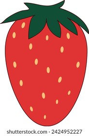 Red yummy delicious vibrant strawberry with a green stem leaf on a white background. Fun 2D illustrations vector image.