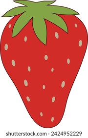 Red yummy delicious vibrant strawberry with a green stem leaf on a white background. Fun 2D illustrations vector image.