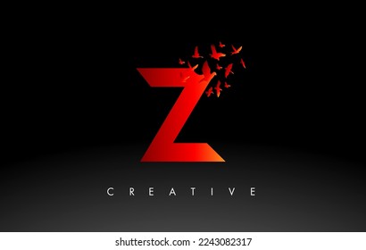 Red Z Logo Letter with Flying Flock of Birds Disintegrating from the Letter. Bird Fly Letter Icon.