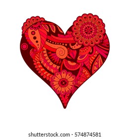 Red zentangle heart filled with flowers plants and leafs. Ethnic decor element for Valentines Day or Wedding. 