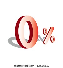 Red zero percent or 0 % isolated over white background with reflection