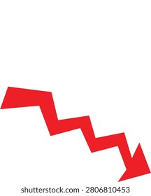 Red zig zag arrow pointing downwards. Vector graphic indicating decline, crisis, or negative trend. Use for financial charts or statistics.