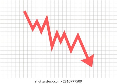 Red zigzag arrow pointing down on grid background. Square format with copy space, symbolizing financial loss, market decline, negative trend, or economic downturn