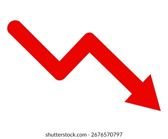 Red zigzag arrow pointing downwards, representing a decline or negative trend, isolated on transparent background
